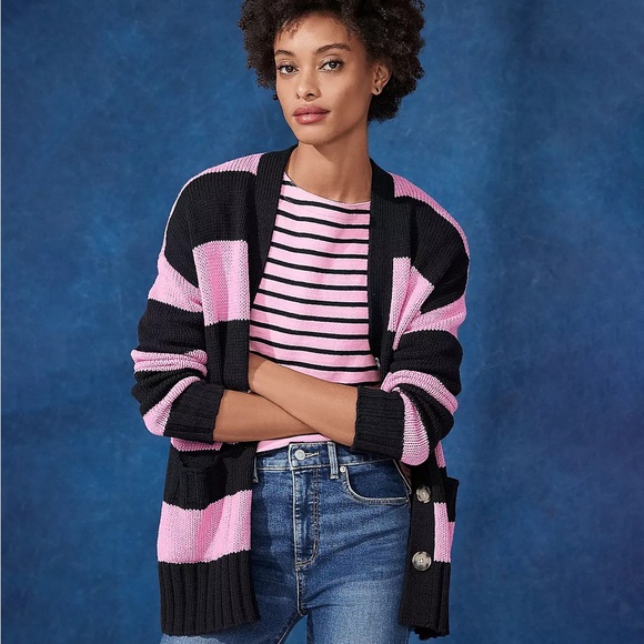 NWT Loft Striped Relaxed V-Neck Pocket Cardigan Sz Small Pink Navy Striped 🆕🌞 - Picture 1 of 6